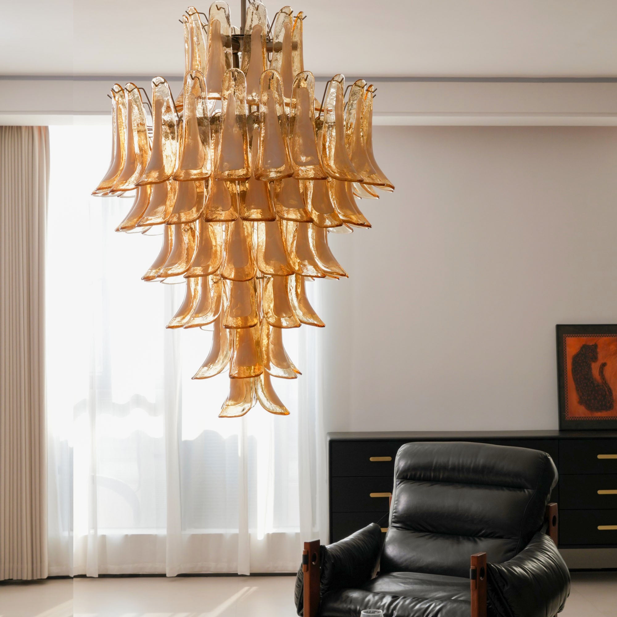 Elegant Amber Cloud Murano Glass Petals Chandelier - Handcrafted Italian Glass Lighting Fixture for Dining Room, Living Room & Bedroom Decor