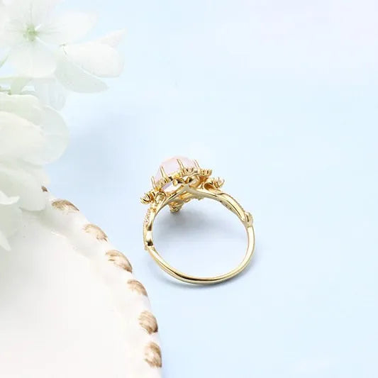 Natural Rose Quartz Gold Ring for Women - Elegant Pink Wedding Band, Romantic Jewelry Gift for Her | Perfect for Engagement, Anniversary & Special Occasions | HJZB 002 01