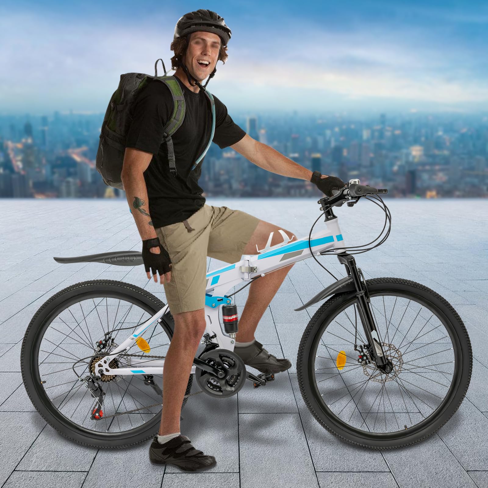 26 Inch Folding Mountain Bike - 21 Speed Foldable Commuter Bicycle with Dual Disc Brakes & Mudguards | Adjustable Height for Adults, Men & Women | Perfect for City Riding, Commuting & Outdoor Adventures