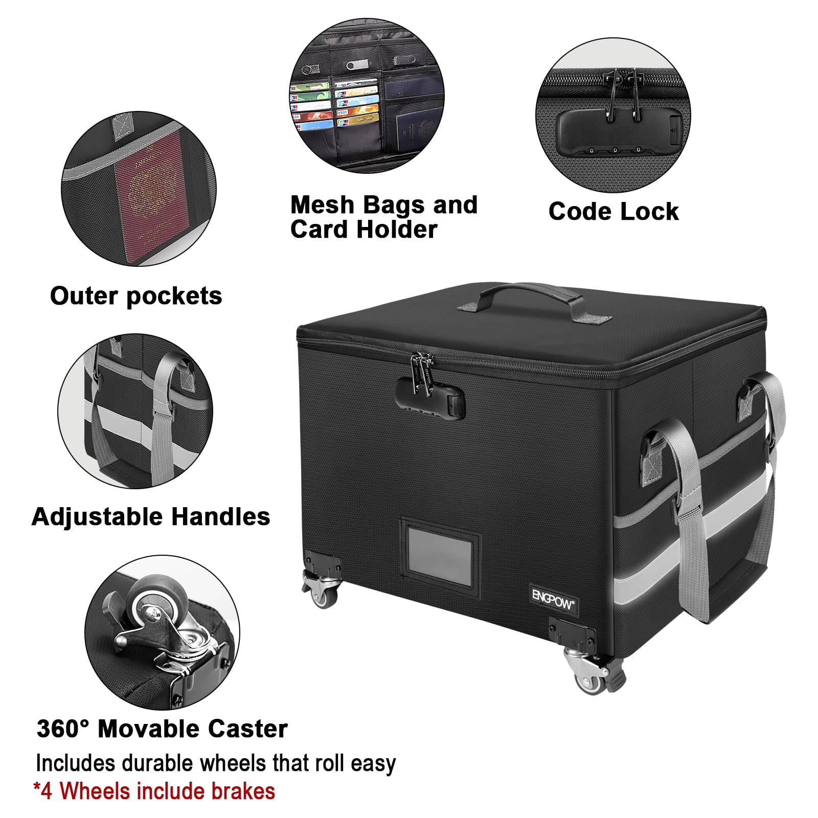 Fireproof Document Box with Wheels - Collapsible Locking File Storage Organizer with Pockets | Portable Home & Office Safe for Letter/Legal Folders | Fireproof Filing Cabinet for Important Documents, Records & Files