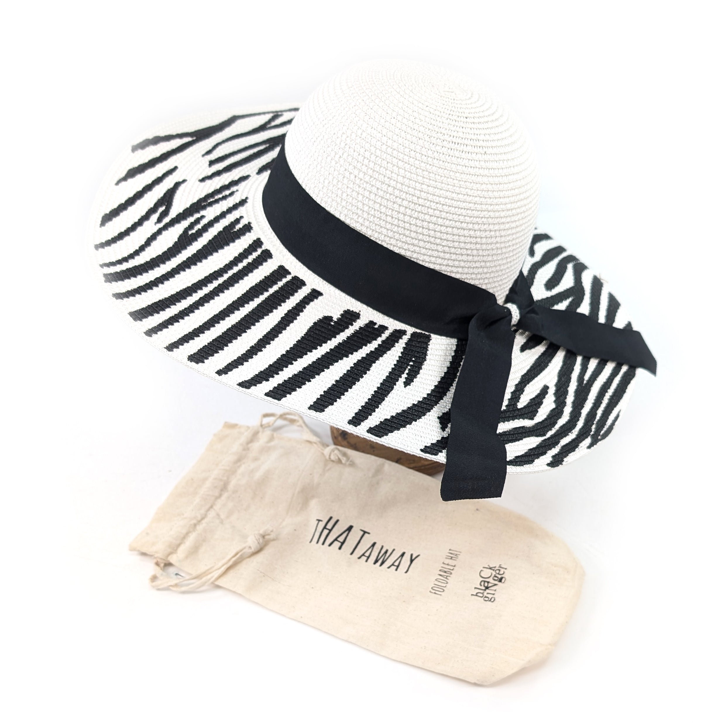 Zebra Print Wide Brim Foldable Sun Hat for Women - 57cm UV Protection Summer Beach Hat (White/Black) - Perfect for Outdoor, Travel, and Vacation