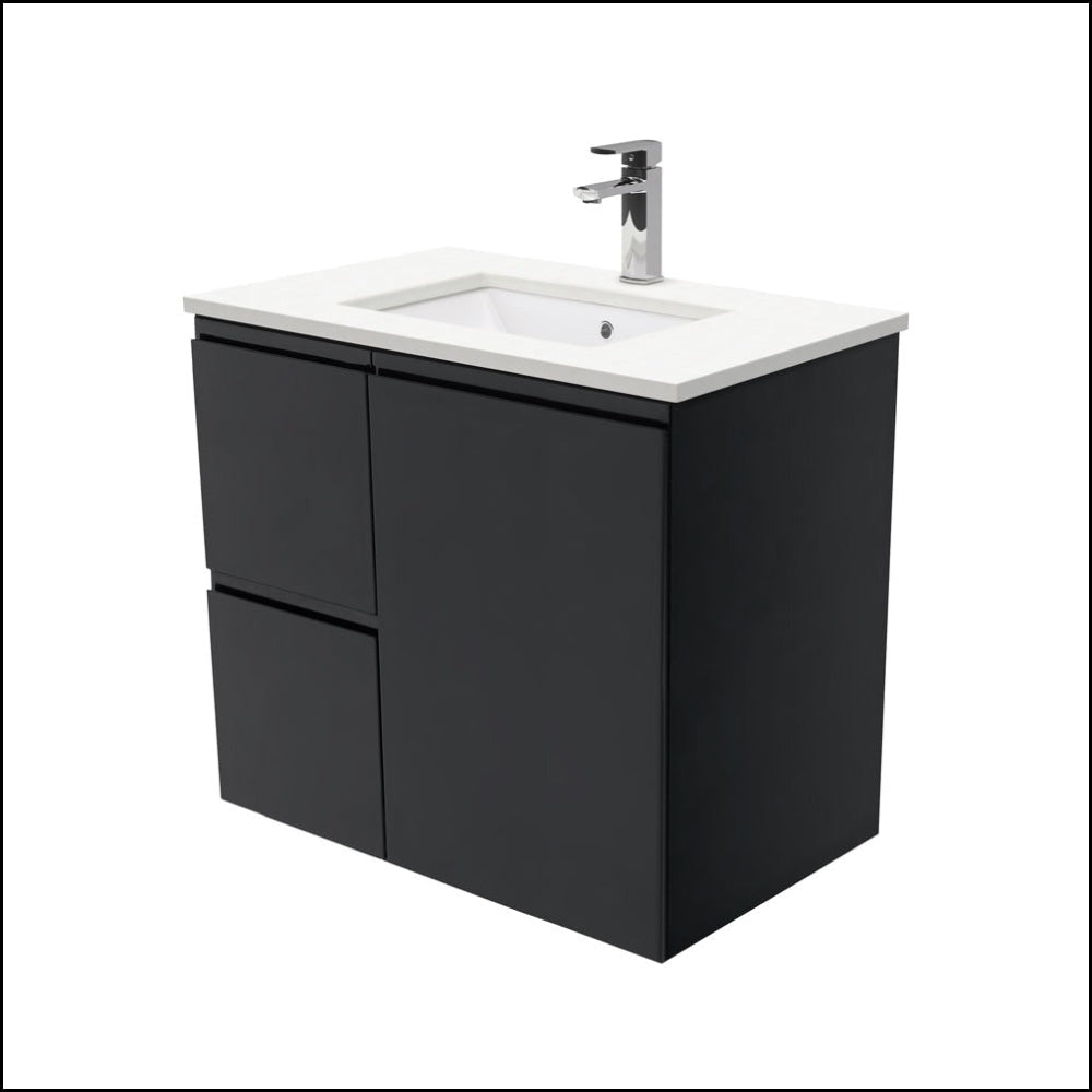 Fienza 30-Inch Undermount Bathroom Vanity with Crystal Pure Stone Top, Left Drawers & Finger Pull Design - Satin Black Finish | Perfect for Modern Small Bathrooms, Powder Rooms & Guest Baths