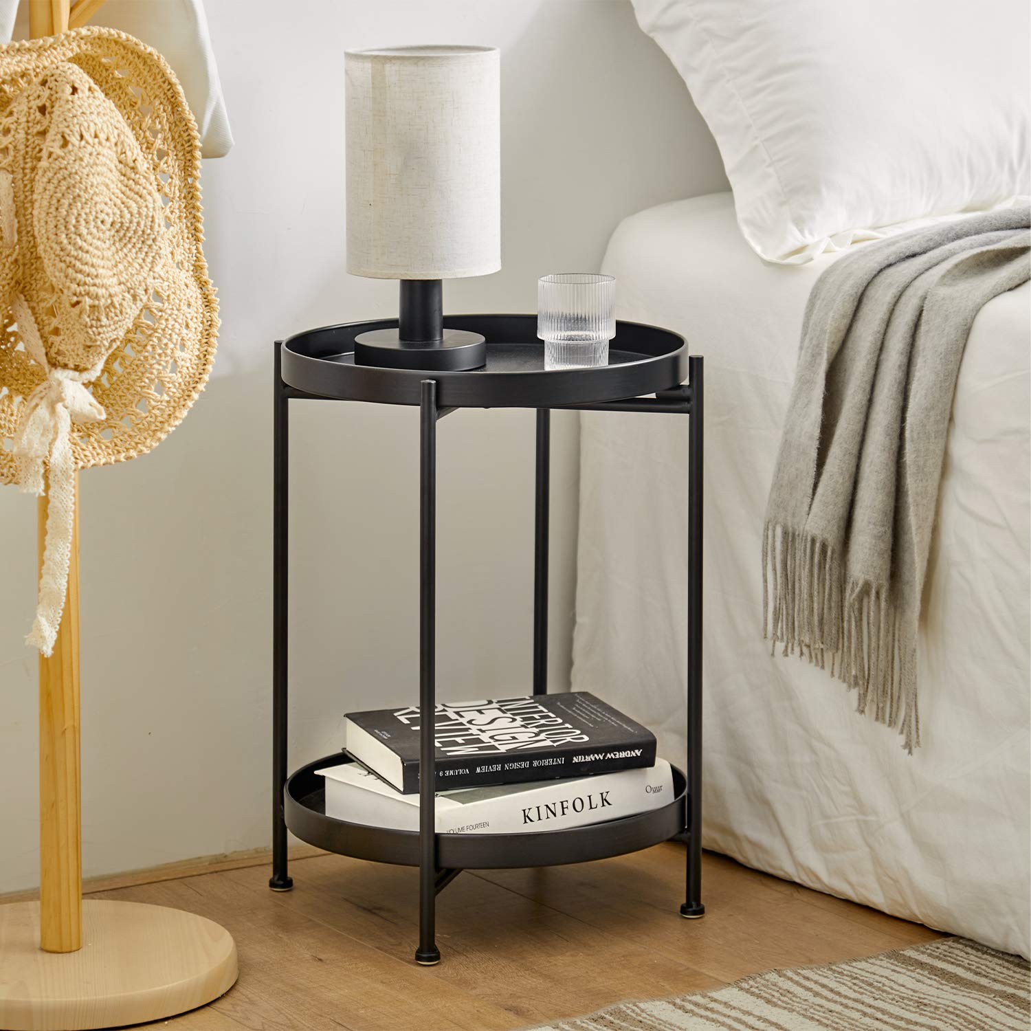 2-Tier Round Metal Tray End Table - Foldable Coffee & Side Table for Couch, Sofa, Bed - Perfect for Living Room, Bedroom, Office & Small Spaces - 20