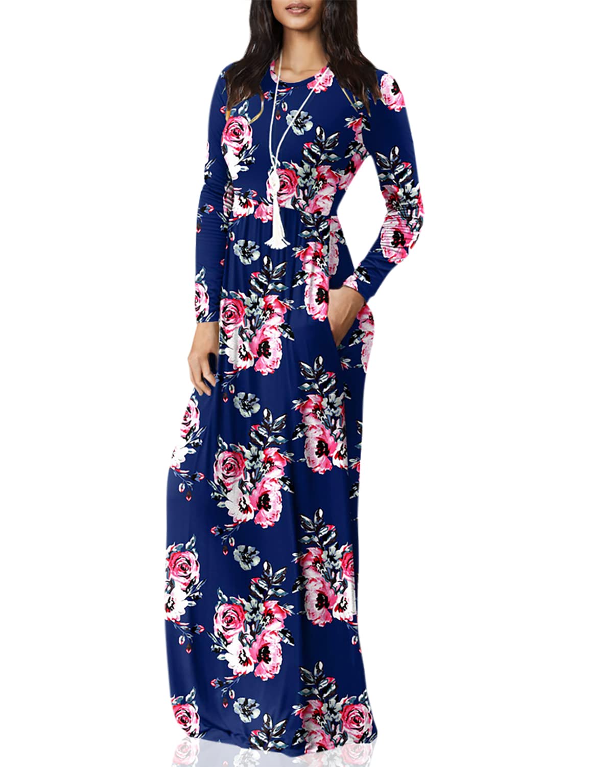GRECERELLE Women's Long Sleeve Loose Plain Maxi Dress with Pockets - Casual Boho Flowy Beach Dress for Summer, Vacation, and Everyday Wear