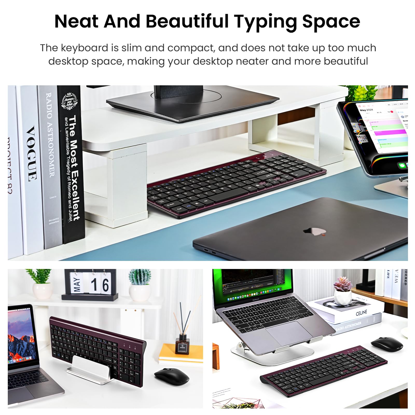 Cimetech EasyTyping KF10 Wireless Keyboard and Mouse Combo - Silent Scissor Switch Keys, Ergonomic Ultra Slim Design for PC/Laptop/Windows (Wine Red) - Perfect for Office Work, Home Use and Gaming
