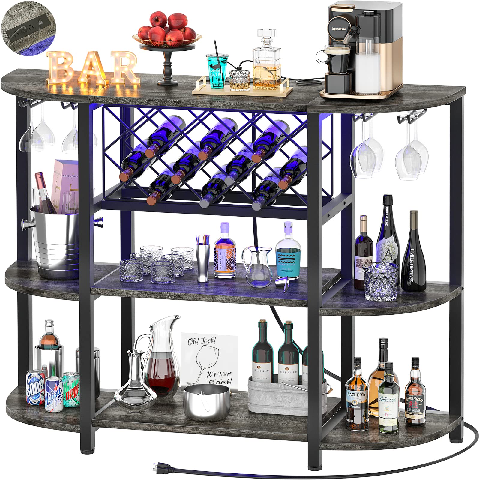Unikito 4-Tier Metal Coffee Bar Cabinet with Power Outlet & LED Lights - Freestanding Floor Bar Table with Glass Holder & Wine Rack Storage - Gray Oak Kitchen Bar Cart for Coffee, Wine & Liquor Organization - Perfect for Dining Room, Kitchen or Home Bar Setup