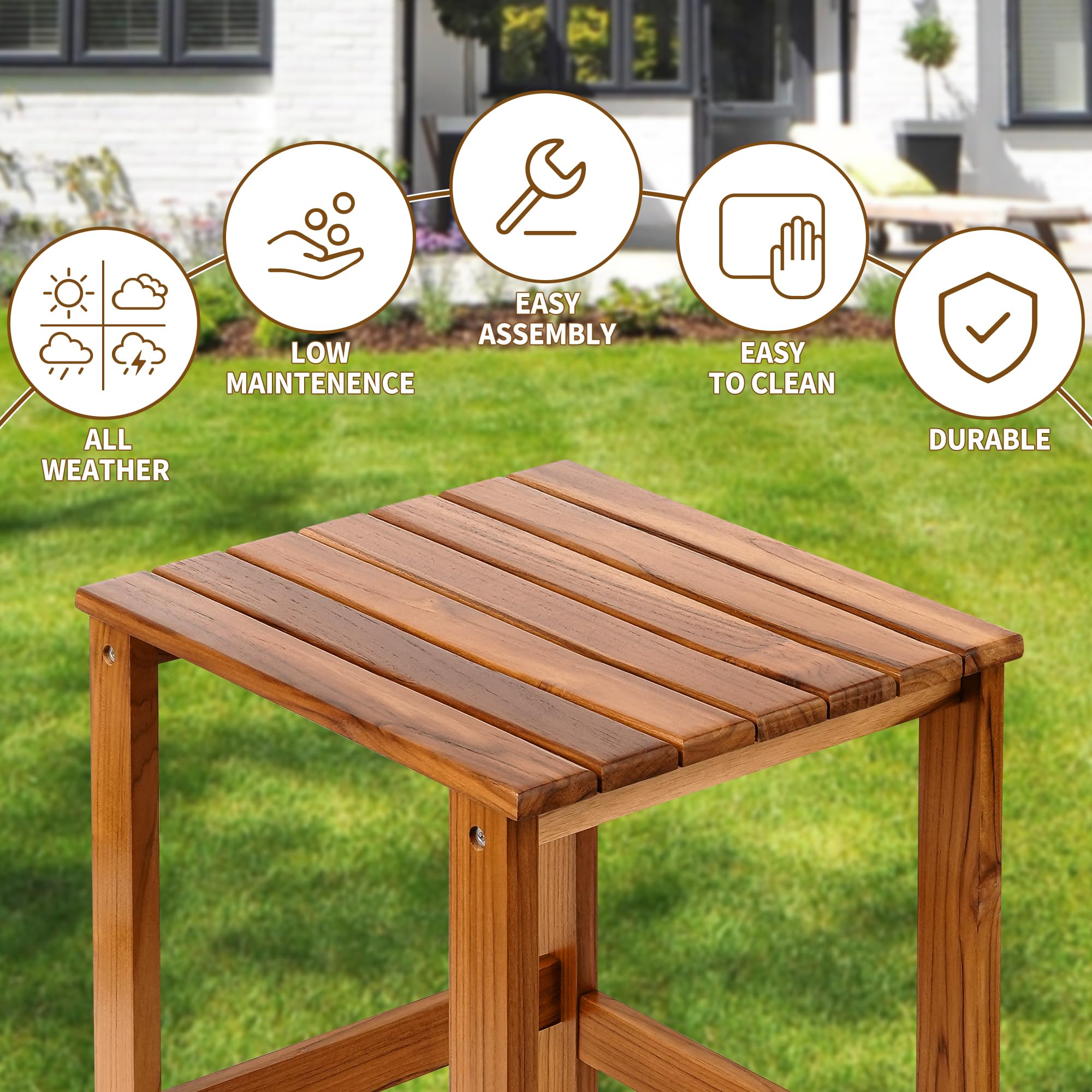 Premium Teak Outdoor Side Table - Waterproof & Durable Patio Coffee Table for Garden, Poolside, Backyard - Perfect Accent Table for Living Room, Bedroom & Couch - Ideal for Relaxing with Drinks & Books