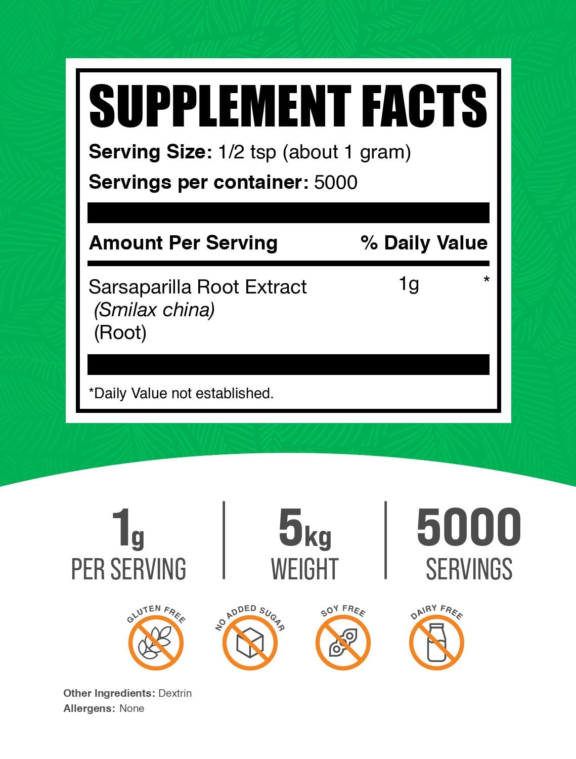 BulkSupplements Sarsaparilla Root Extract Powder 5kg (11 lbs) - 1000mg per Serving, Gluten Free Herbal Supplement for Detox & Immune Support - Pack of 5 for Home Brewing & Natural Remedies