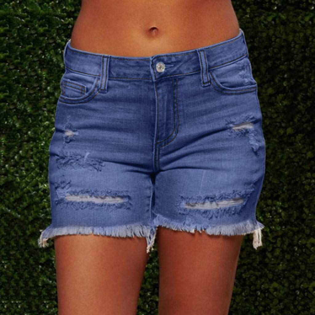 hlysgo Women's Mid Rise Ripped Stretchy Denim Shorts with Frayed Raw Hem - 2024 Summer Casual Jeans Shorts for Beach, Travel, and Everyday Wear