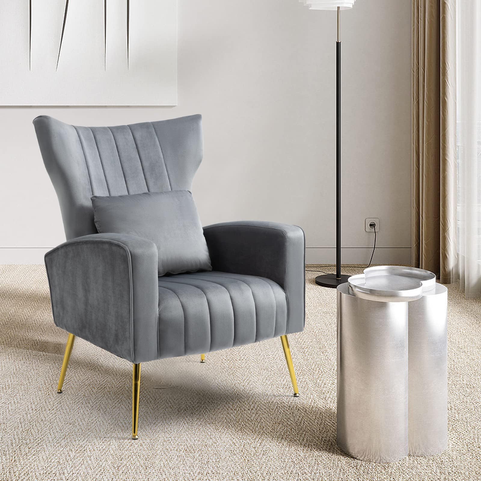 X-VOLSPORT Velvet Accent Chairs Set of 2 - Mid Century Modern High Back Living Room Chairs with Waist Pillow, Upholstered Armchairs with Gold Metal Legs - Perfect for Bedroom, Living Room, Club & Office Decor (Grey)
