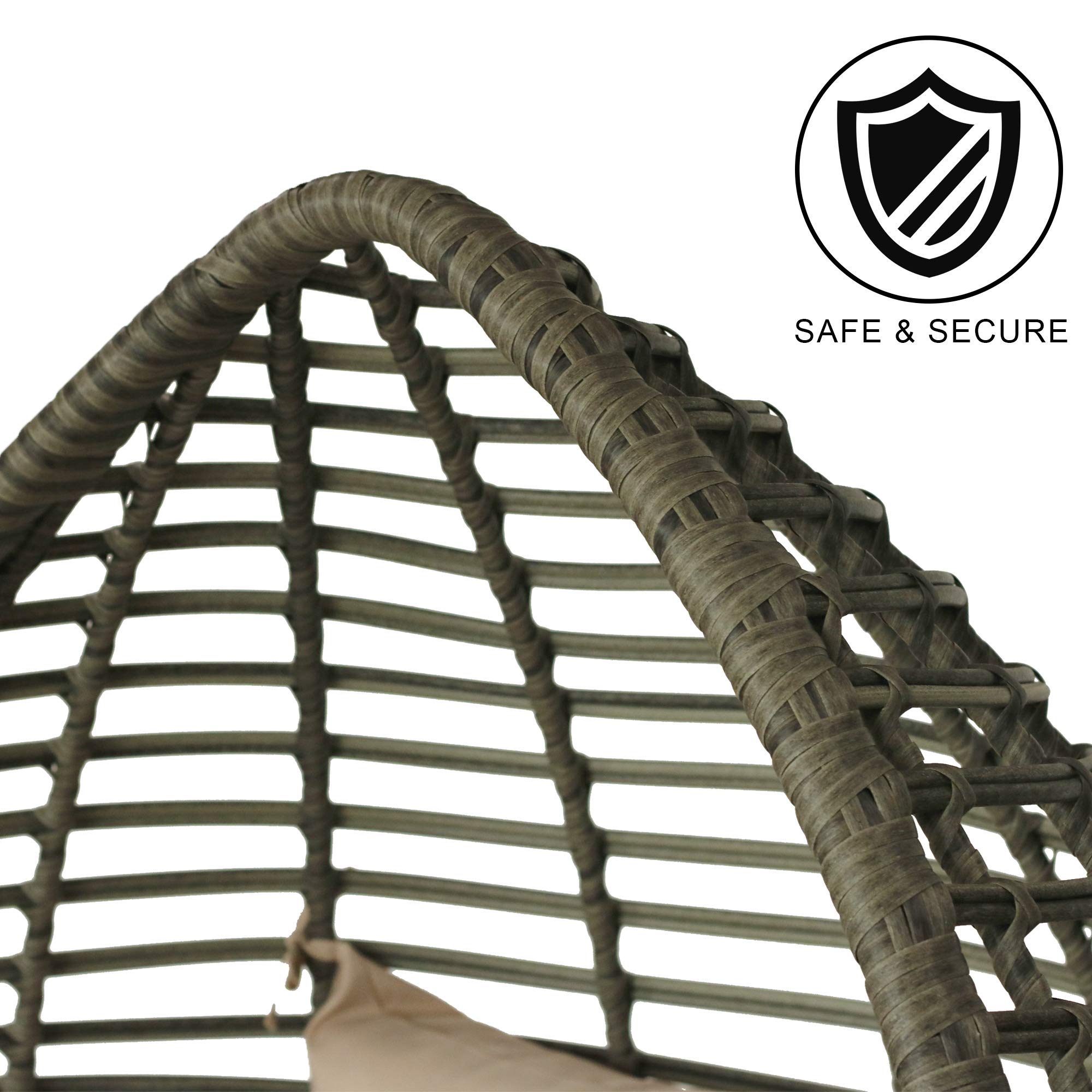 Sundale Outdoor Wicker Egg Chair with Cushion - Grey & Beige Rattan Hanging Chair for Bedroom, Patio, Garden | Indoor Teardrop Basket Chair for Relaxation & Reading Nook