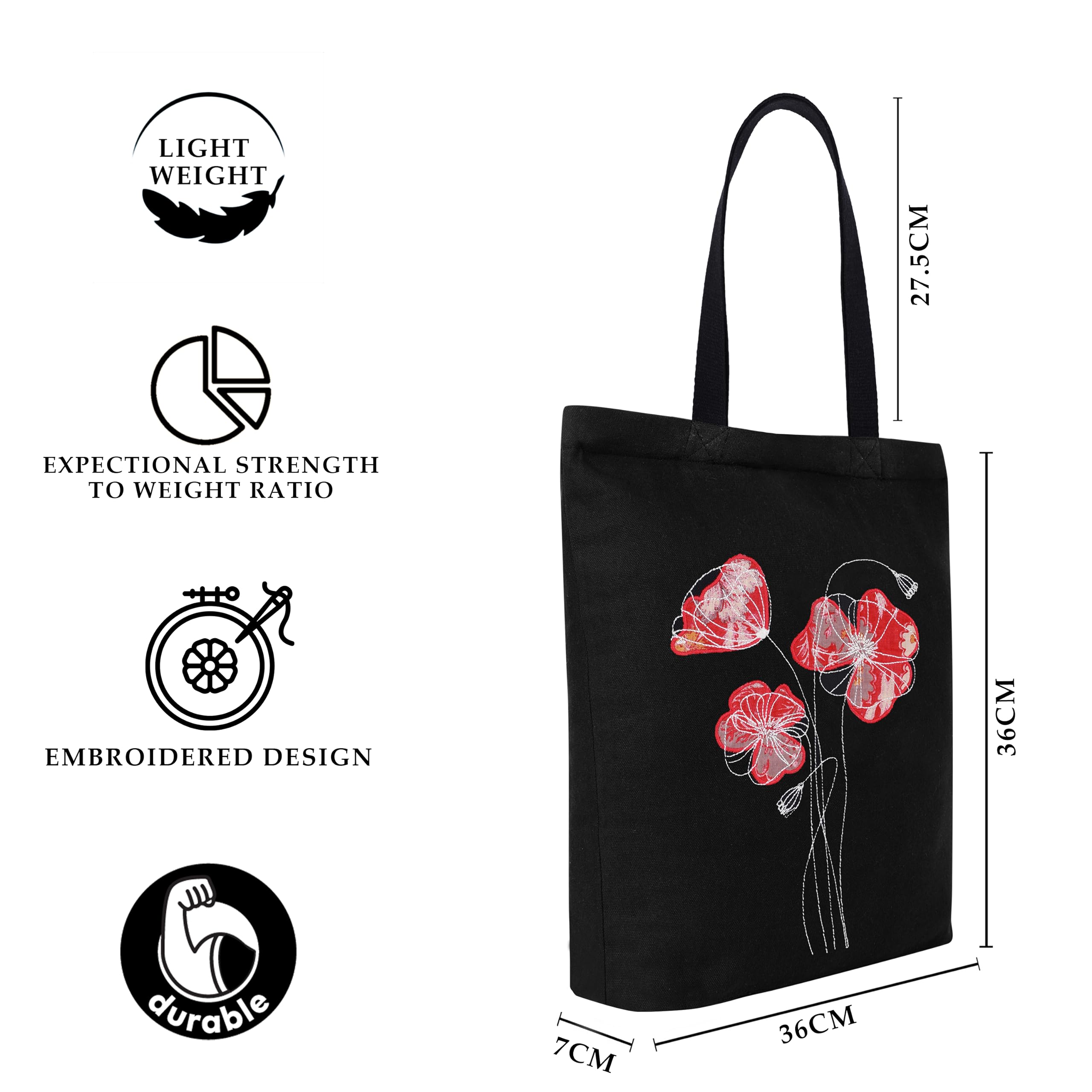 MASQ Women & Girls' Embroidered Canvas Zip Tote Bag - 100% Organic Cotton Eco-Friendly Reusable Shopping Bag | Stylish Work, College, Travel & Casual Purse | Perfect Affordable Gift for Birthday, Mother's Day & Everyday Use
