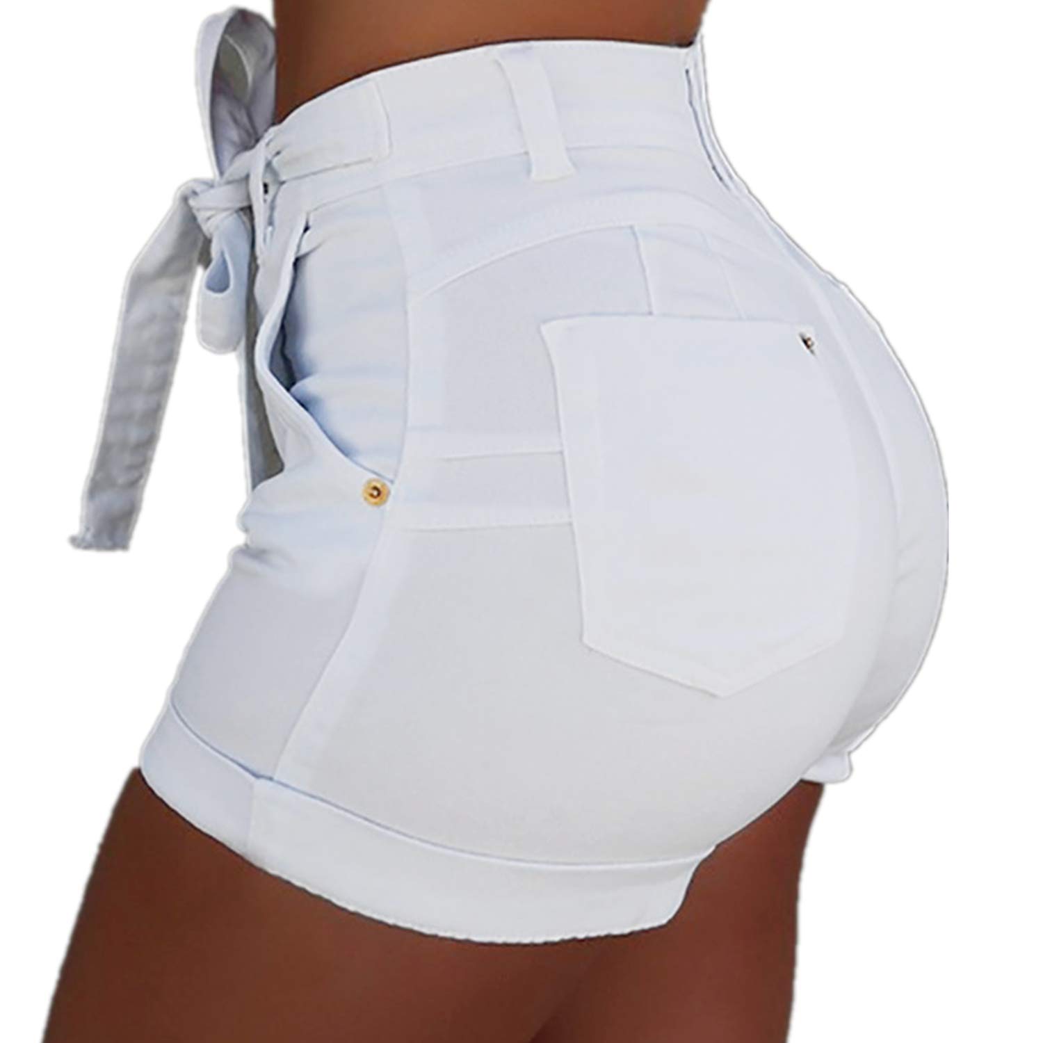 LOOKAA Women's High Waist Denim Shorts with Bow Tie & Pockets - Stretchable Skinny Jeans Shorts for Summer Casual Wear, Beach Outings and Street Style Fashion