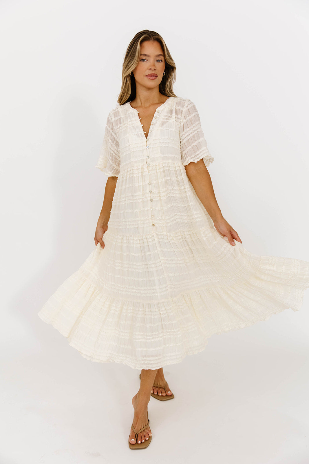 Kristin Tiered Woven Maxi Dress in Ivory - Bump Friendly Maternity Dress with Detachable Liner | Perfect for Pregnancy, Weddings & Summer Vacations