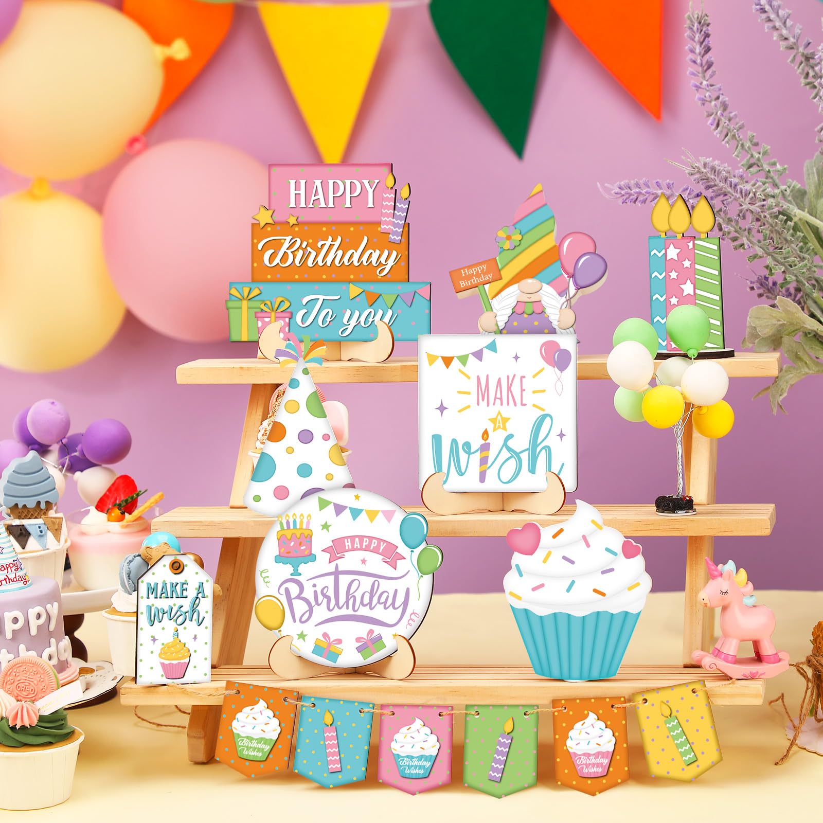 14-Piece Farmhouse Birthday Tiered Tray Decor Set - Wooden Happy Birthday Sign, Cupcake Toppers & Party Table Decorations - Perfect for Birthday Parties, Baby Showers & Home Decor