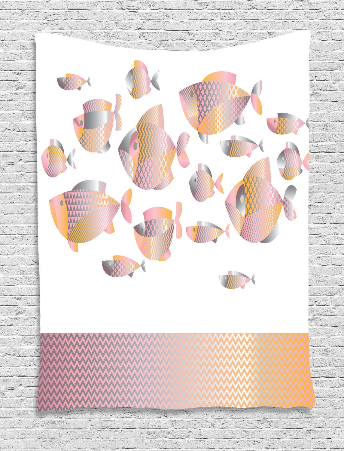 Ambesonne Fish Tapestry Wall Hanging - Modern Ocean Animal Print with Zigzag Border - 60x80 Inch Pale Pink Orange Decor for Bedroom, Living Room, Dorm - Perfect for Beach Theme Rooms & Boho Home Decor
