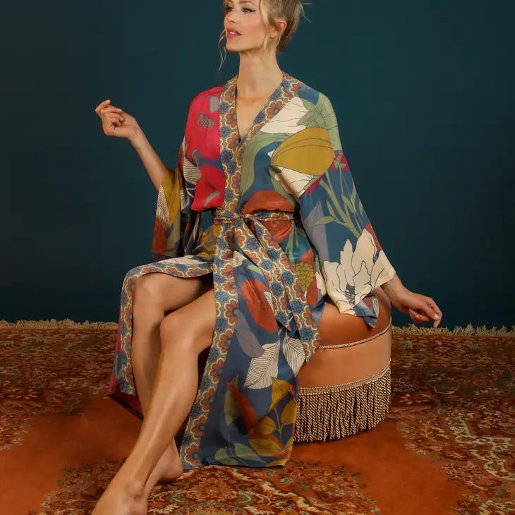 Elegant Heather Floral Kimono Gown - Soft Boho Robe for Women | Perfect for Beach Cover-Up, Loungewear & Special Occasions