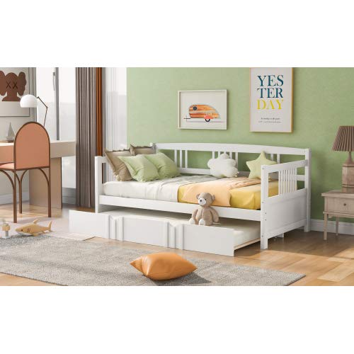 White Twin Size Wooden Daybed with Trundle - Perfect for Guest Rooms, Kids' Bedrooms & Small Spaces