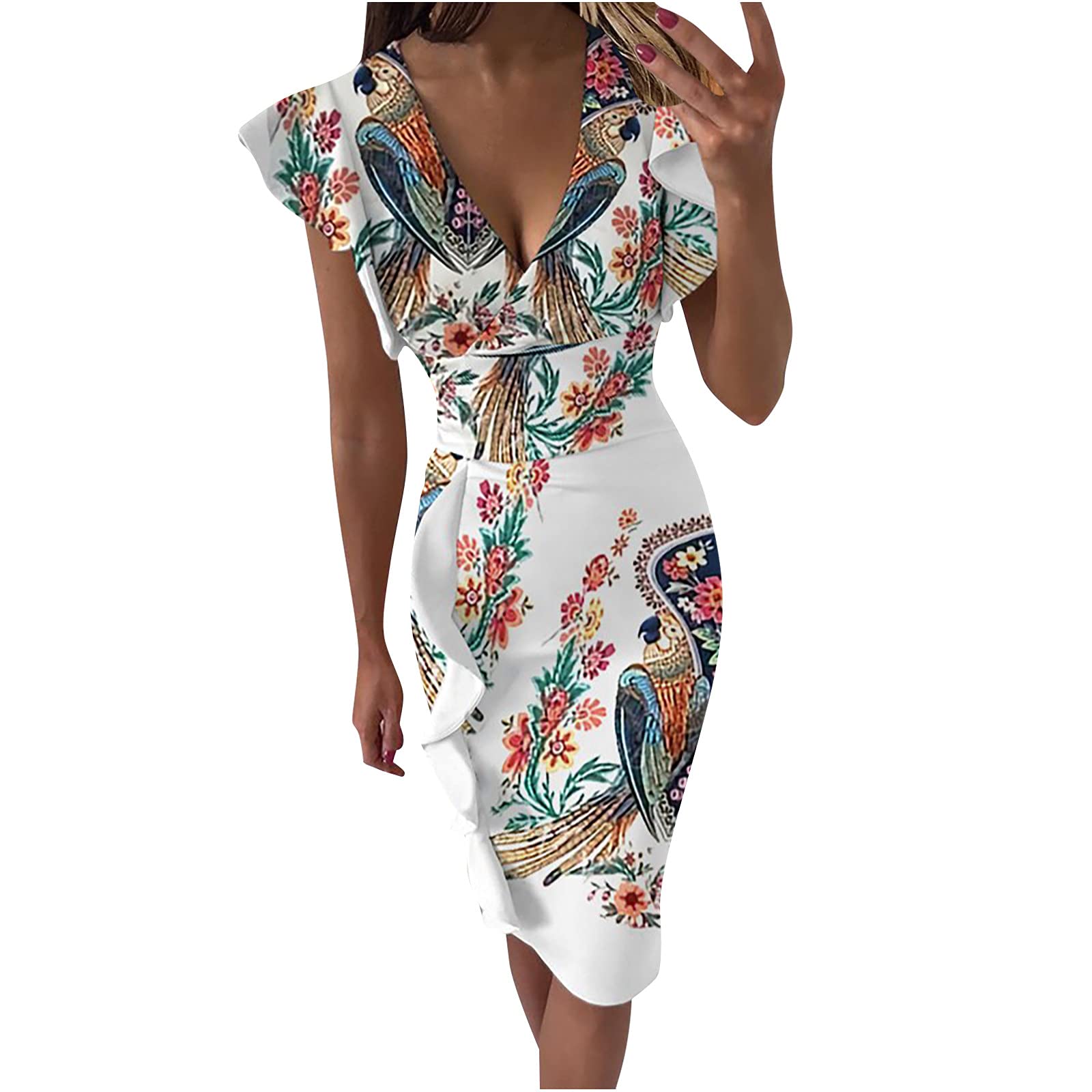 Elegant Women's Short Sleeve Wrap Dress - Slim Fit Floral Print Business Office & Cocktail Pencil Dress for Work, Party & Special Occasions
