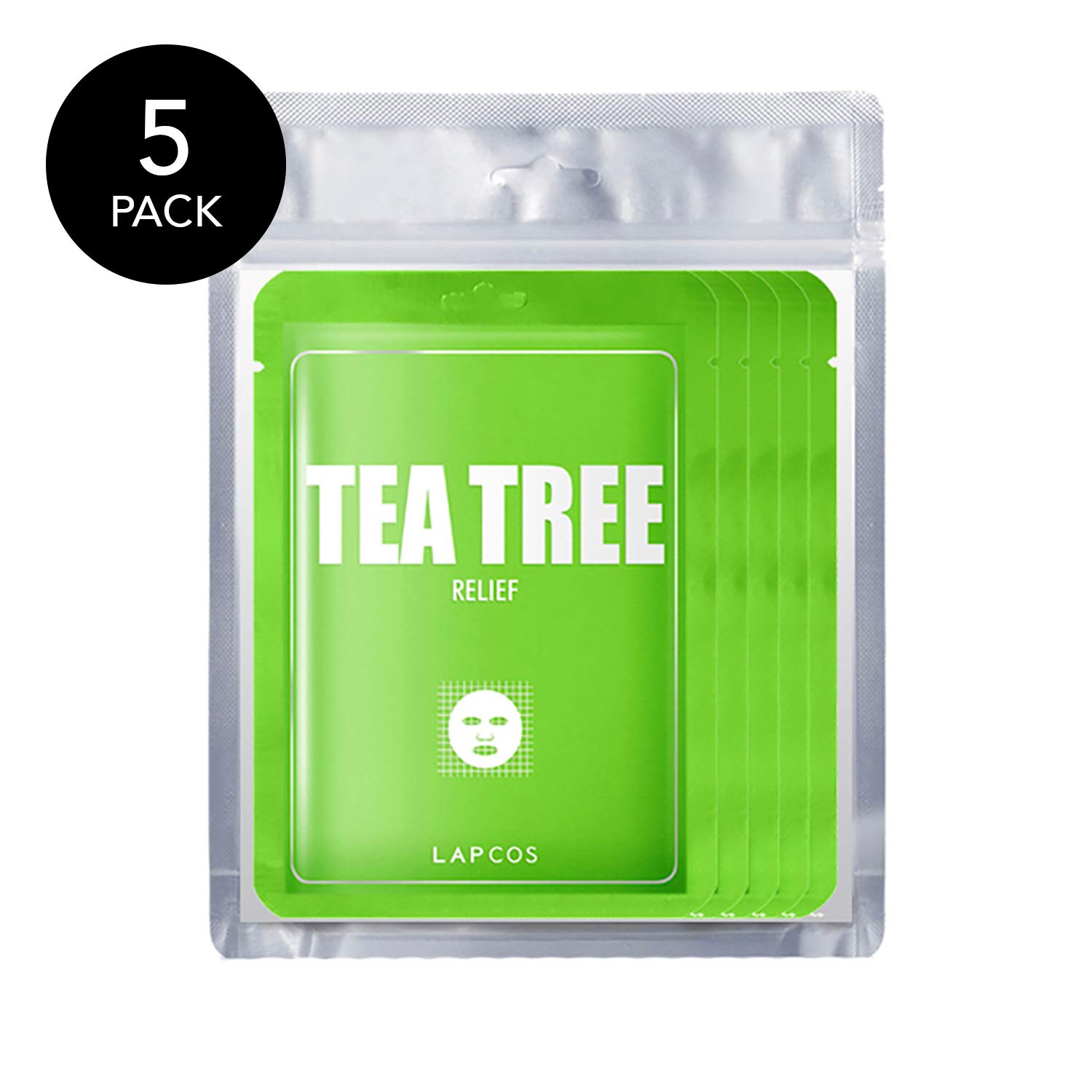 LAPCOS Tea Tree Sheet Mask for Acne & Pore Care - Korean Beauty Soothing Face Mask (5-Pack) | Daily Skincare Routine & Spa Night Essential