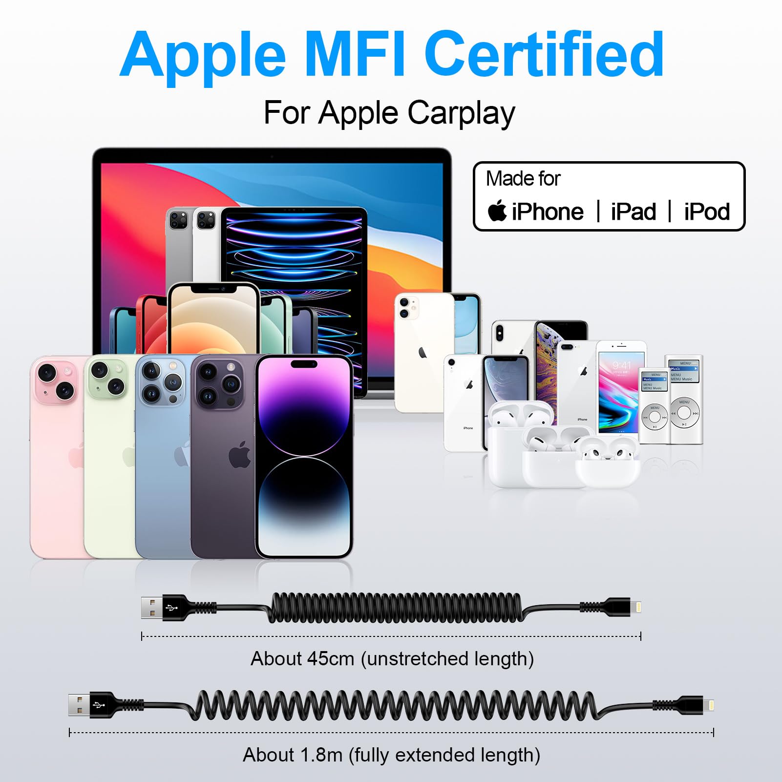 MFi Certified Coiled USB A to Lightning Cable 6FT - Fast Charging Retractable Car Charger for iPhone 14/13/12/11/X/8 - Perfect for Apple CarPlay & Safe Driving