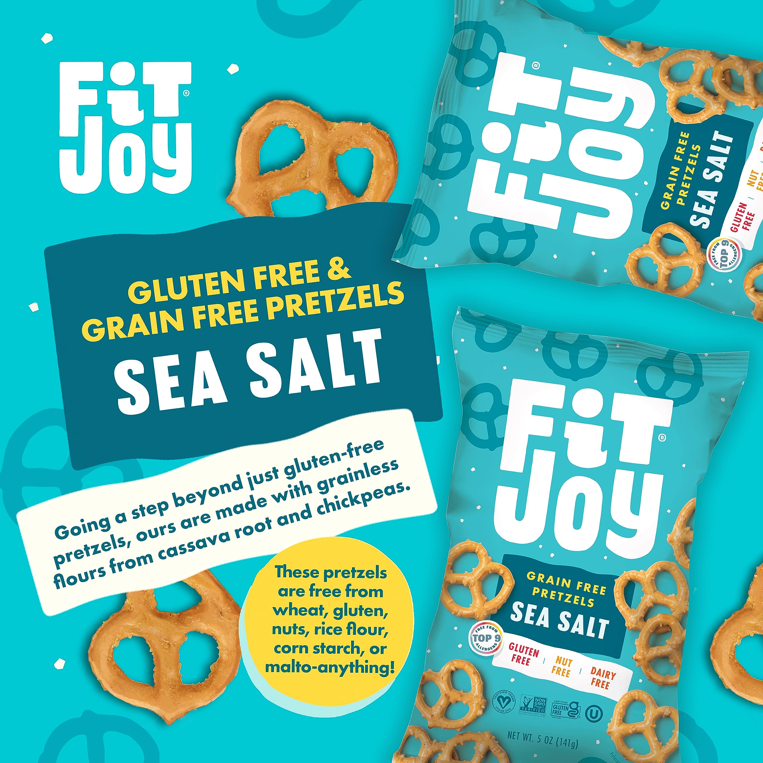 FitJoy Gluten Free Pretzels - Sea Salt Twists, Grain Free, Non-GMO, Vegan Certified Snacks (5 Oz, 6 Pack) | Made in USA, Nut Free, Crispy Crunchy | Perfect for School Lunches, Road Trips & Healthy Snacking