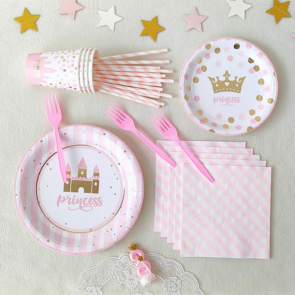 96Pcs Pink Gold Princess Birthday Party Decorations Set - Disposable Plates, Napkins, Cups, Forks & Straws - Castle Crown Theme Tableware for Girls, Baby Shower & Birthday Favors (Serves 16) - Perfect for Princess-Themed Parties, Tea Time & Special Celebrations