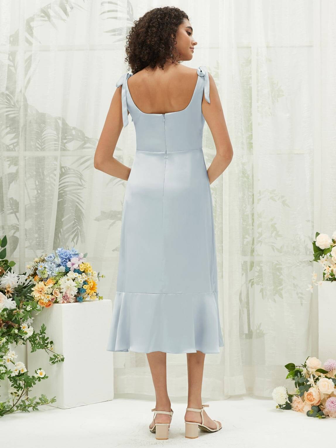 Cornflower Blue Silk Satin Square Neck Bridesmaid Dress with Slit & Convertible Design - Perfect for Weddings, Parties & Formal Events