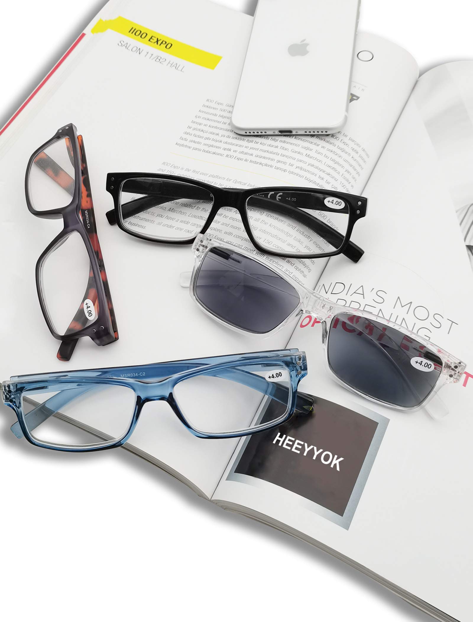 HEEYYOK 4 Pack Reading Glasses for Men & Women with Flexible Spring Hinges - Lightweight Cheater Glasses & Readers Sunglasses - Perfect for Reading, Computer Use, and Outdoor Activities