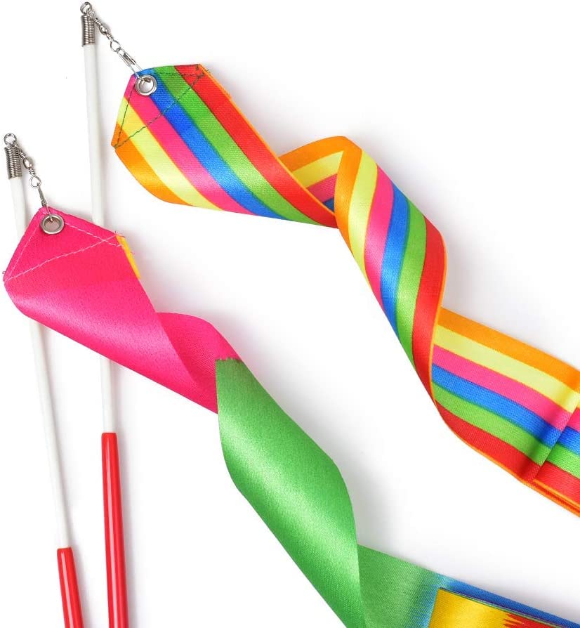 Rainbow Dance Ribbons for Kids - 2 Pack Rhythmic Gymnastic Streamers & Wands | Perfect for Children's Dance Performances, Gymnastics Practice, and Playtime Activities