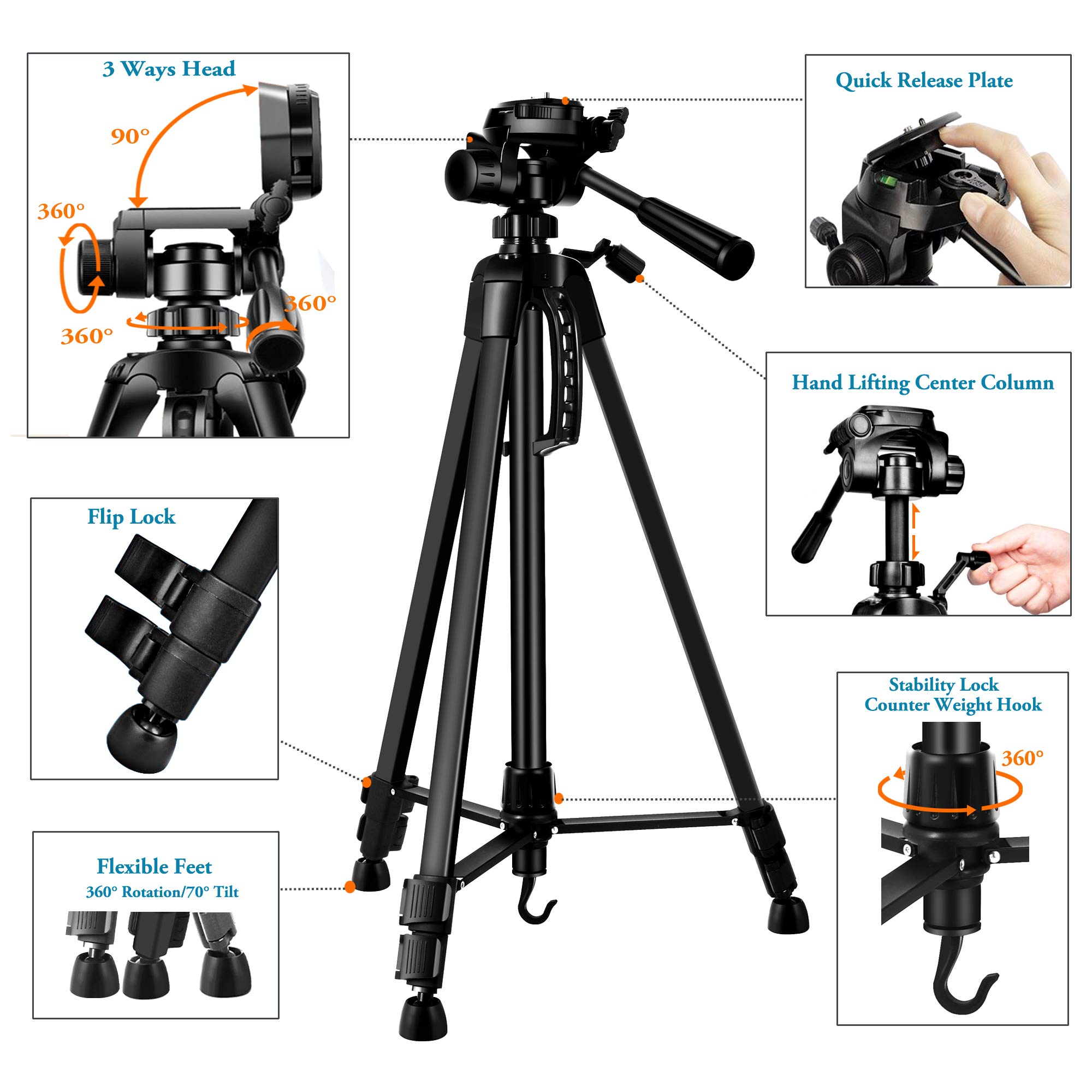 Heavy Duty 60-inch Adjustable Tripod Stand for iPad, iPhone, Tablet (3.5-13.5 inch) - Compatible with iPad Pro/Air/Mini 12.9/11, DSLR Cameras - Includes Remote for Video Calls, Zoom Meetings & Photography