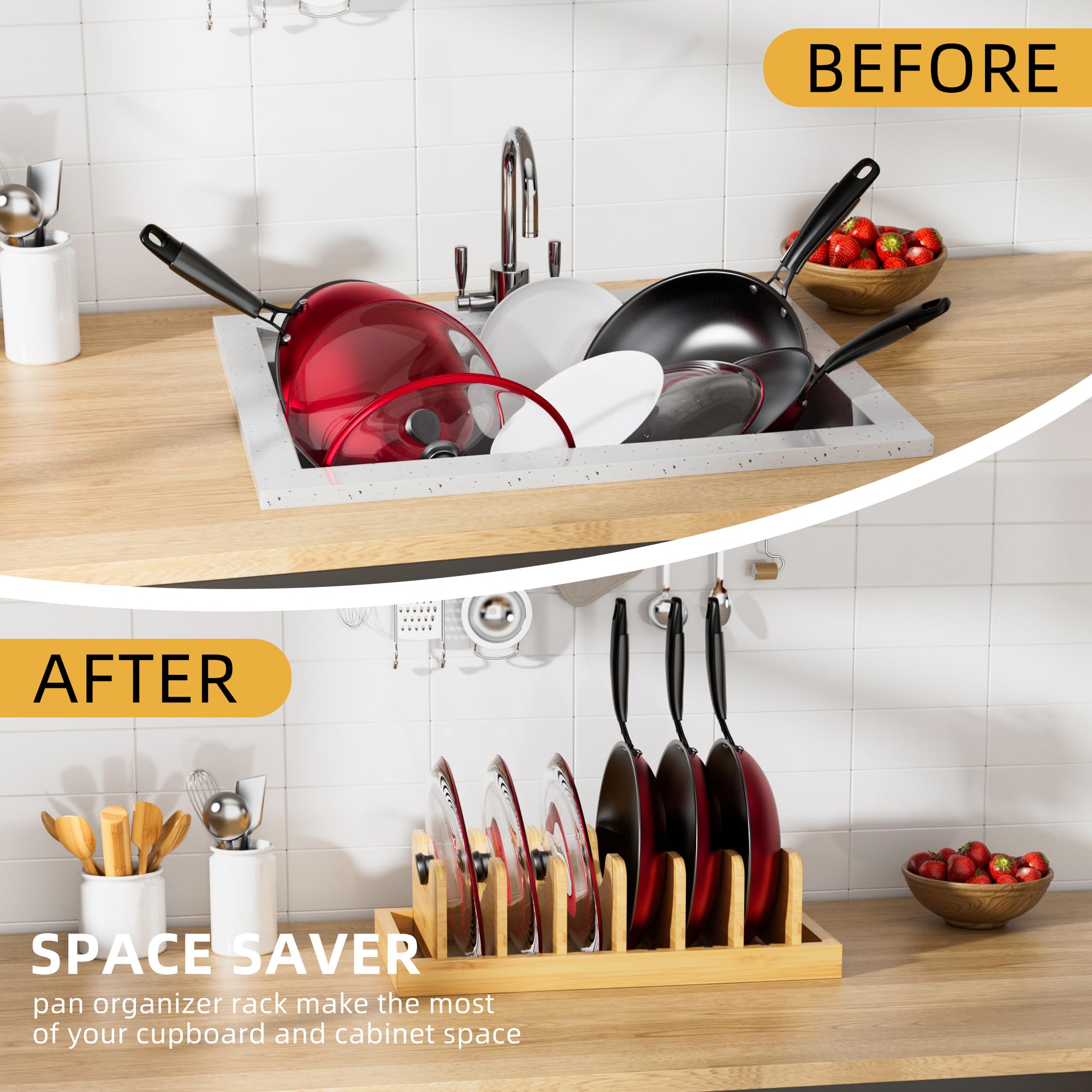 Bamboo Pot Lid Organizer & Drawer Storage - Kitchen Cabinet Organizer for Lids, Pans, Cutting Boards, Baking Sheets & Plates - Perfect for Small Space Kitchen Organization & Decluttering