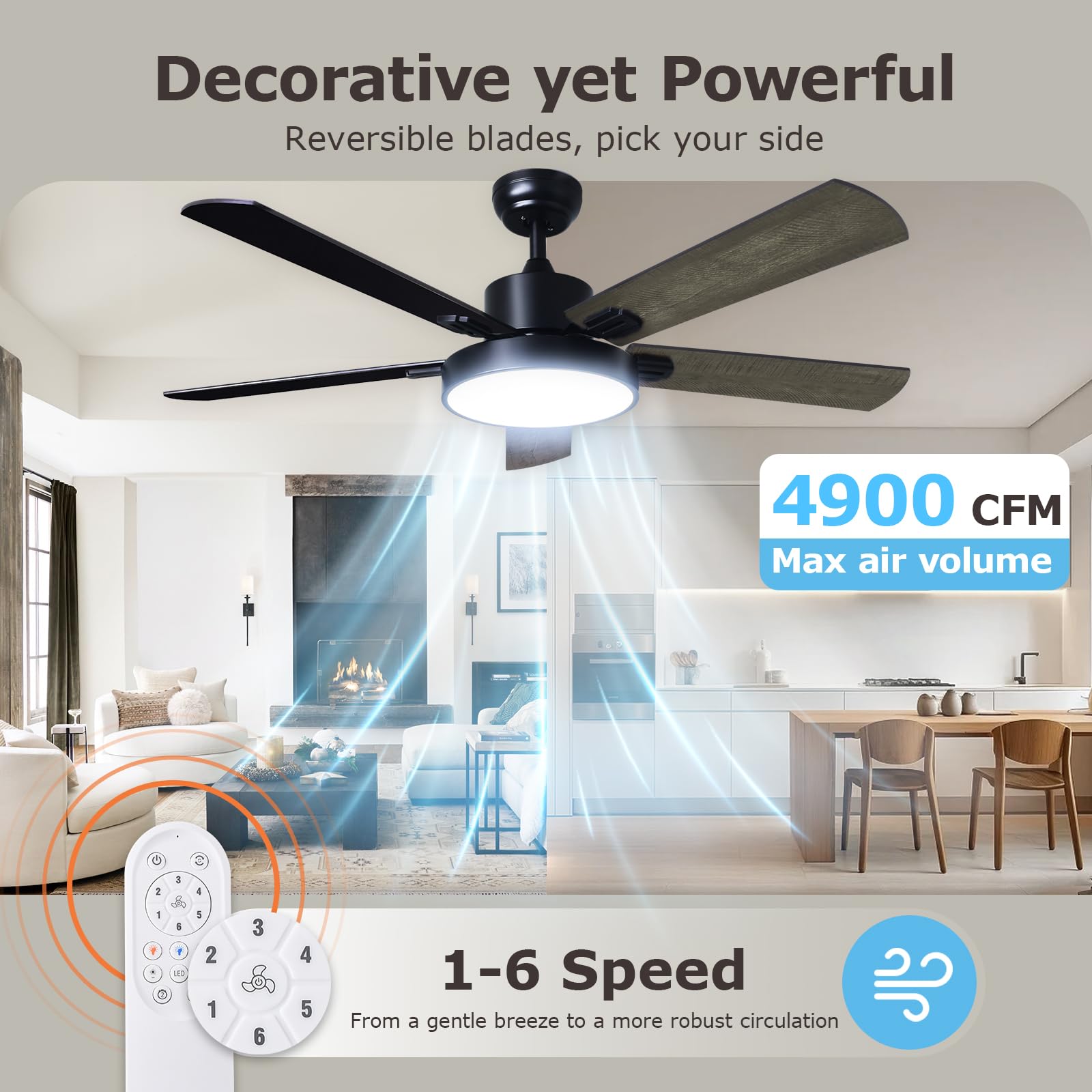 52 Inch Modern Ceiling Fan with Lights & Remote Control - Double-sided Blades, 24db DC Reversible Motor, Dimmable for Bedroom & Living Room (Honey Pine & Black) - Perfect for Home Cooling & Stylish Decor