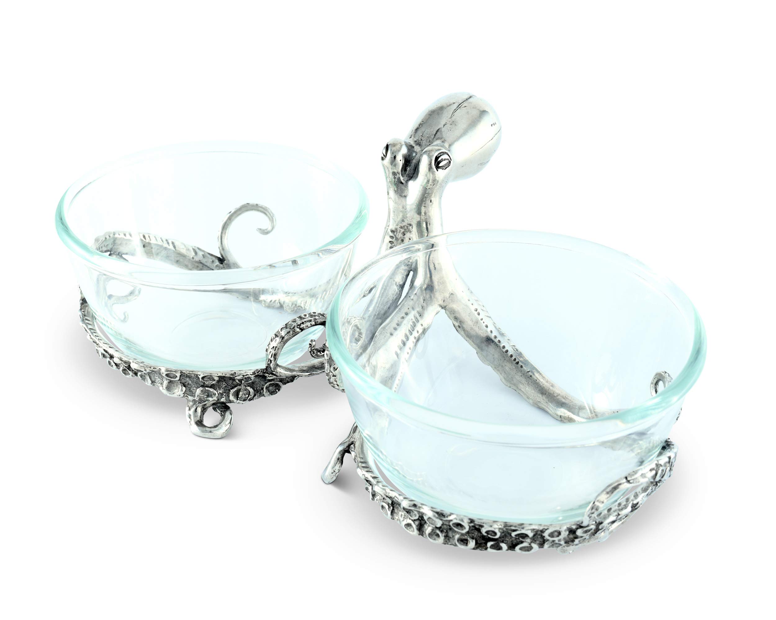 Vagabond House Pewter Octopus with Twin Glass Bowls - 10 Inch Long Snack, Nut & Food Serving Dish - Perfect for Parties, Home Decor & Gift Giving