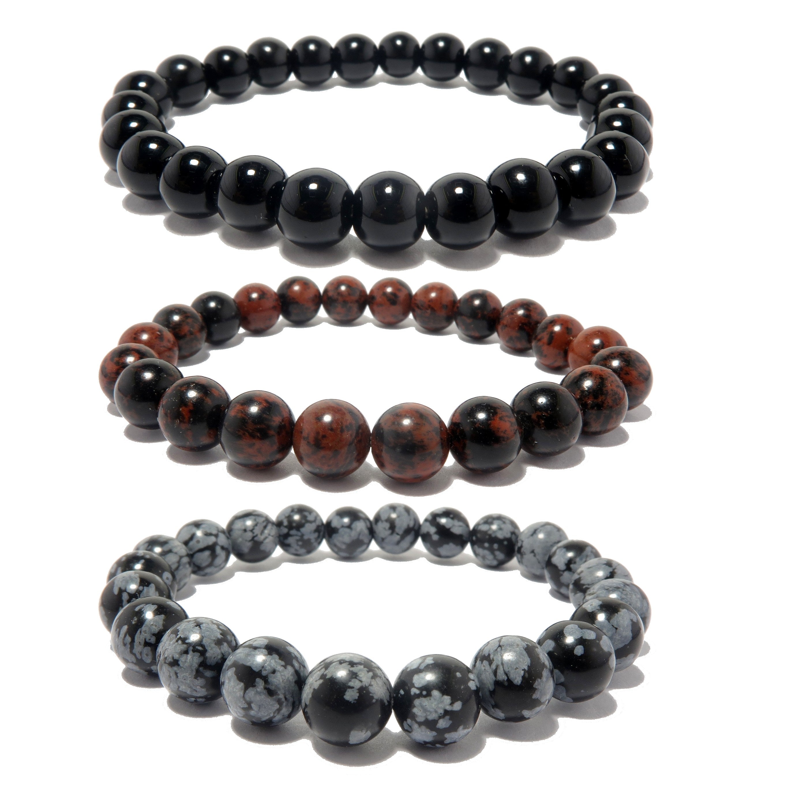Black Obsidian Bracelet Set for Men & Women - Natural Mahogany Wood & Snowflake Obsidian Stone - Protection, Healing & Positive Energy - Perfect for Meditation, Yoga & Spiritual Gifts