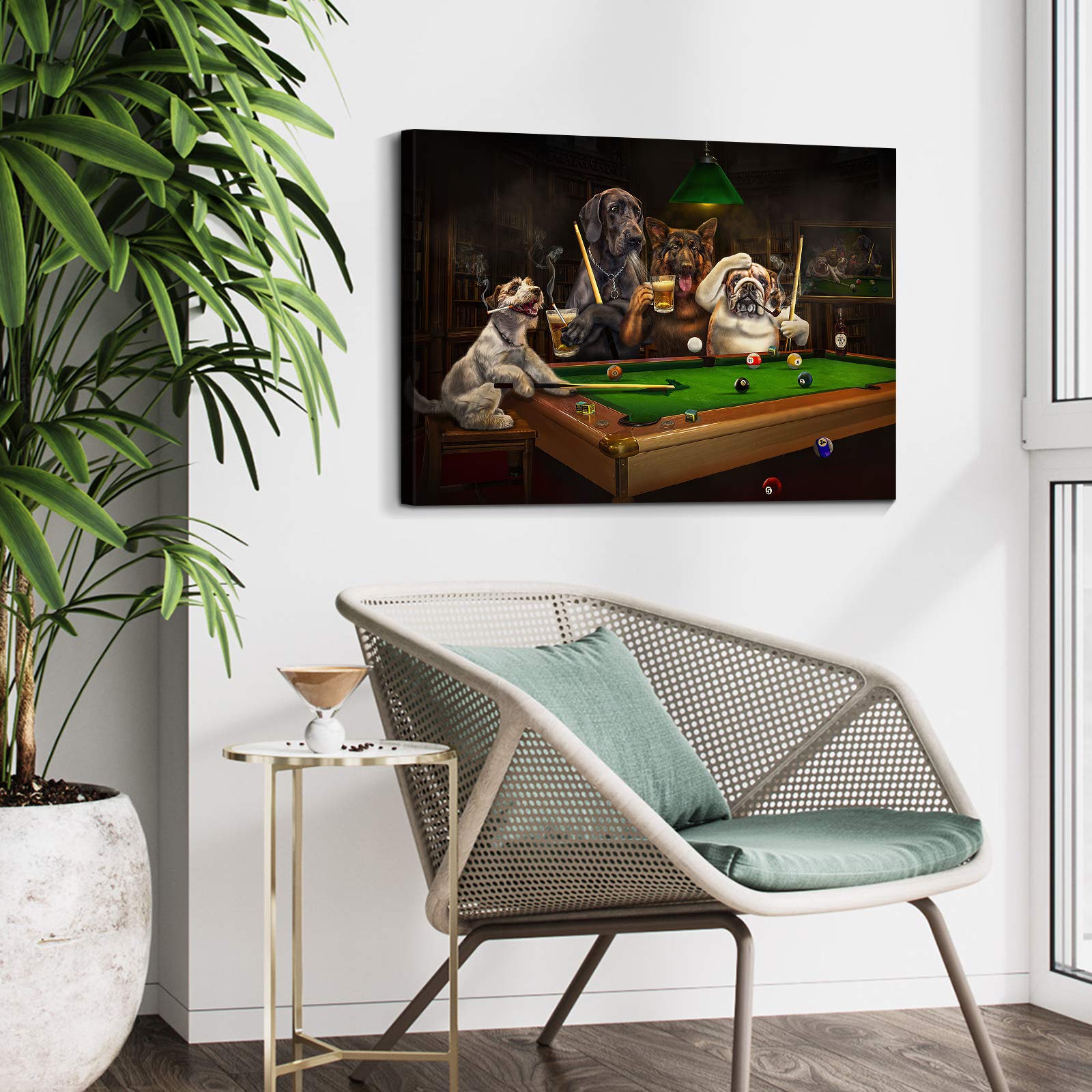 Denozer - Dogs Playing Pool by Cassius Marcellus Coolidge - Premium Oil Painting Reproduction on Gallery Wrapped Canvas (48x36 Inch) - Ready to Hang Billiards Artwork for Game Room, Man Cave, or Entertainment Space Wall Decor