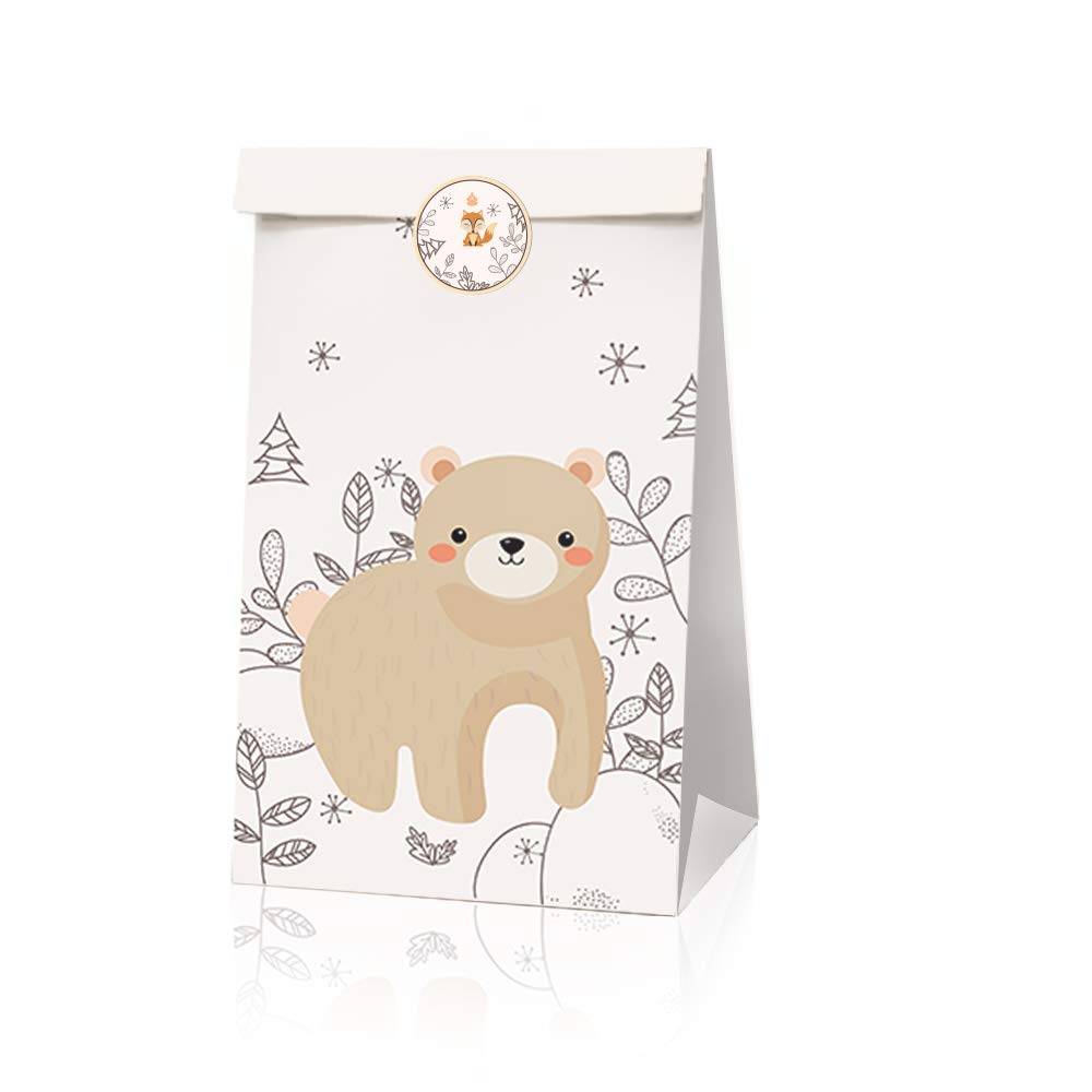 24pcs Forest Animals Party Favor Bags - Fox, Raccoon & Woodland Theme Paper Gift Bags with 36pcs Animal Stickers for Kids Birthday Party Favors, Baby Shower & School Events