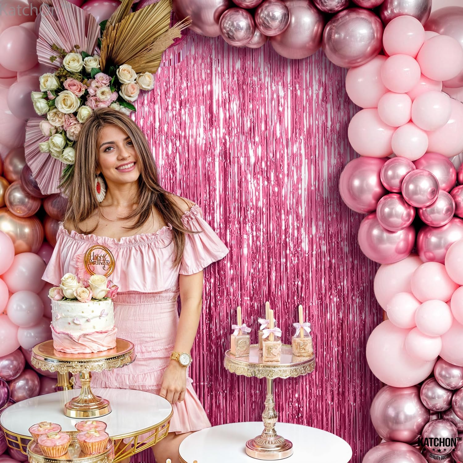 KatchOn Pink Foil Fringe Backdrop - XtraLarge 8x3.2 Feet (Pack of 2) | Party Decorations for Birthday, Baby Shower & Galentines Day | Pink Streamers, Photo Booth Background & Event Decor
