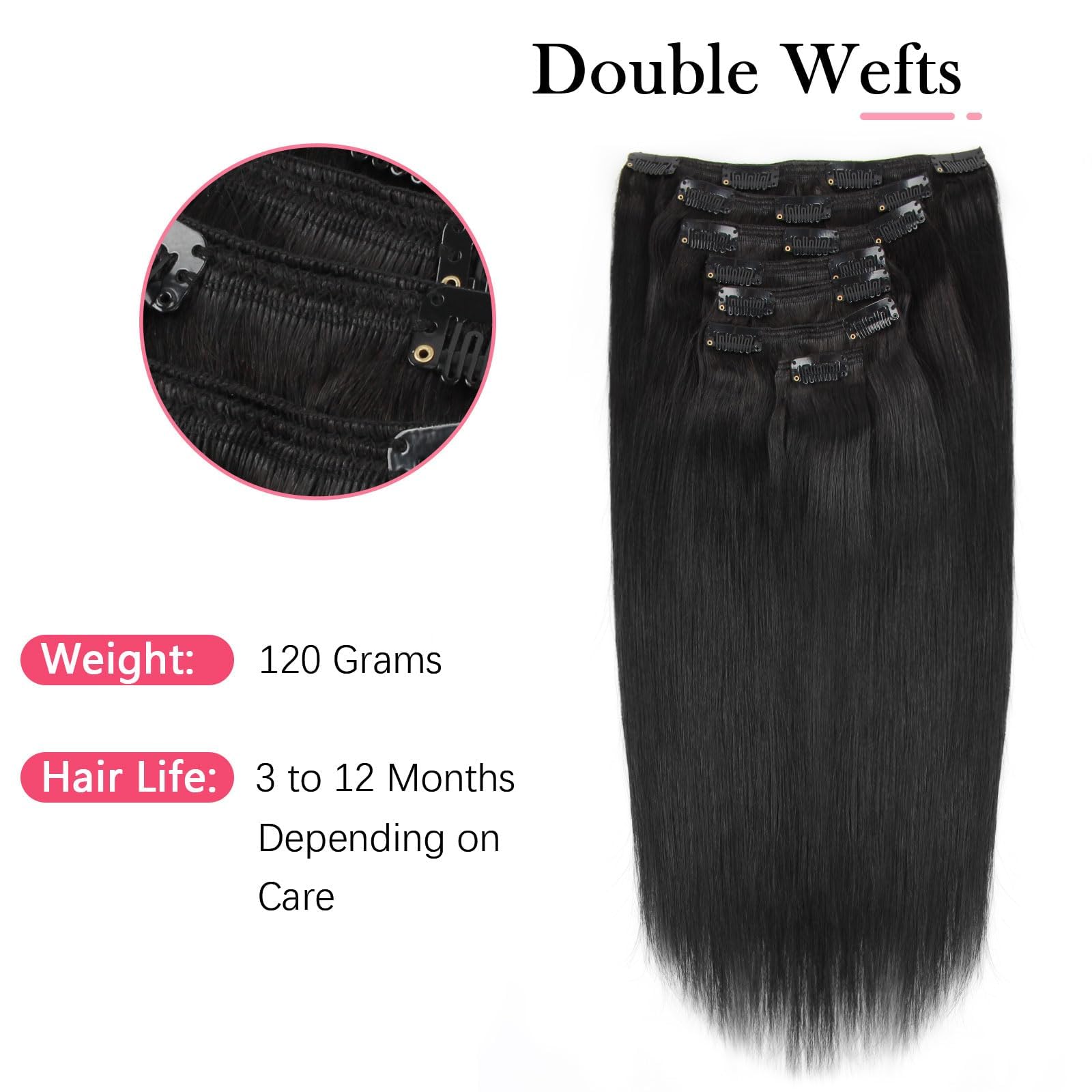 Sassina 18 Inch Silky Straight Clip In Human Hair Extensions - 100% Remy Human Hair, Seamless & Natural Look - 7 Pcs with 17 Clips (120g) - Perfect for Black Women - Great for Daily Styling, Parties & Special Occasions