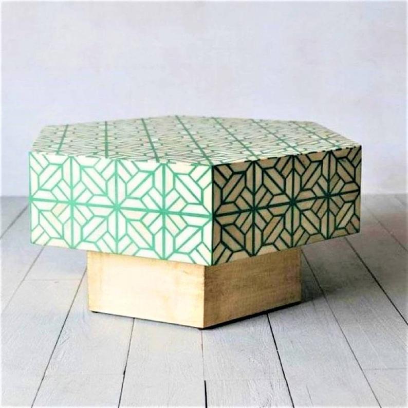 Handmade Bone Inlay Hexagon Coffee Table with Brass Base - Green Boho Chic Center Table for Living Room, Lounge & Home Decor