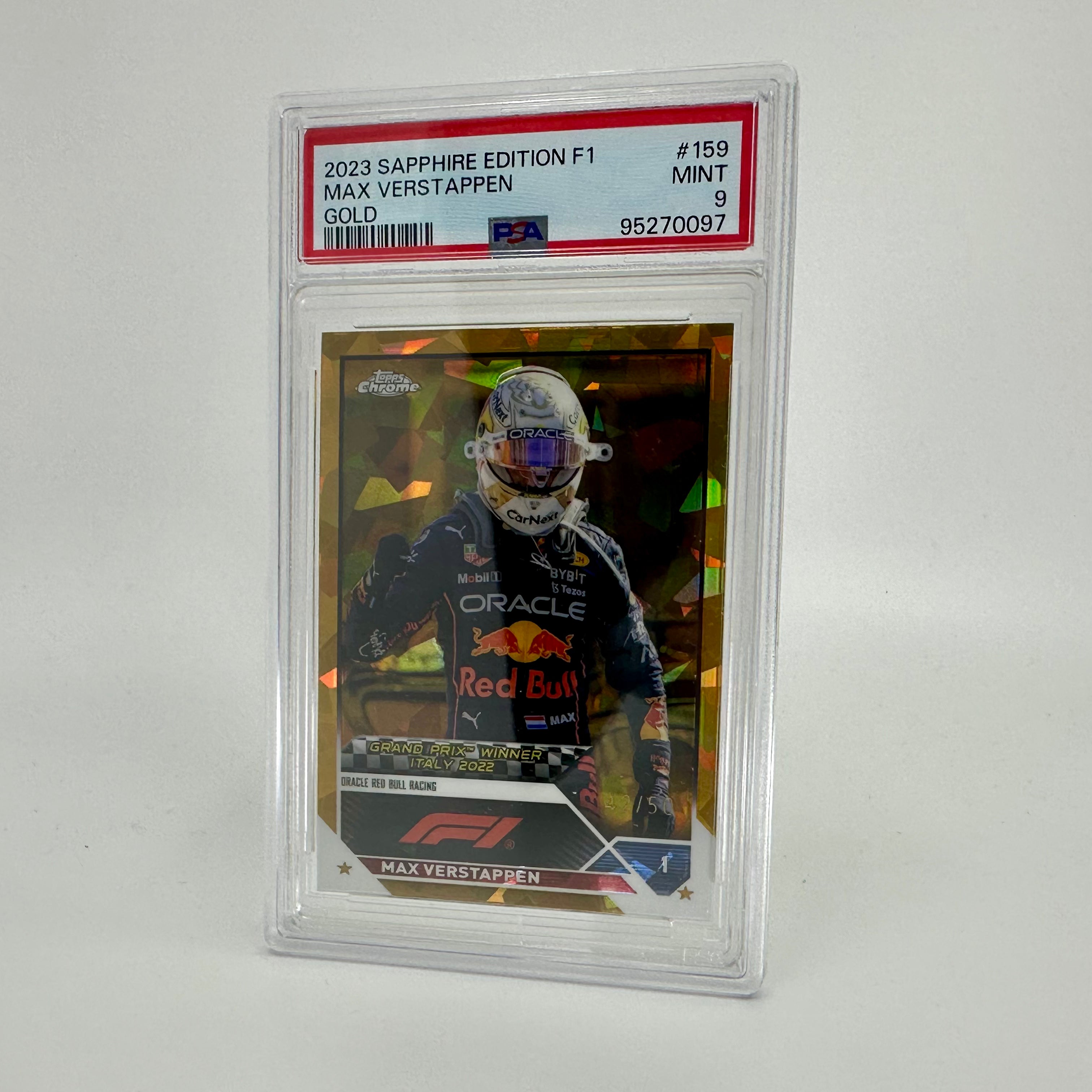 2023 Topps Chrome Max Verstappen #159 PSA 9 42/50 Sapphire Gold Parallel - Rare Racing Collectible for F1 Fans & Sports Card Investors