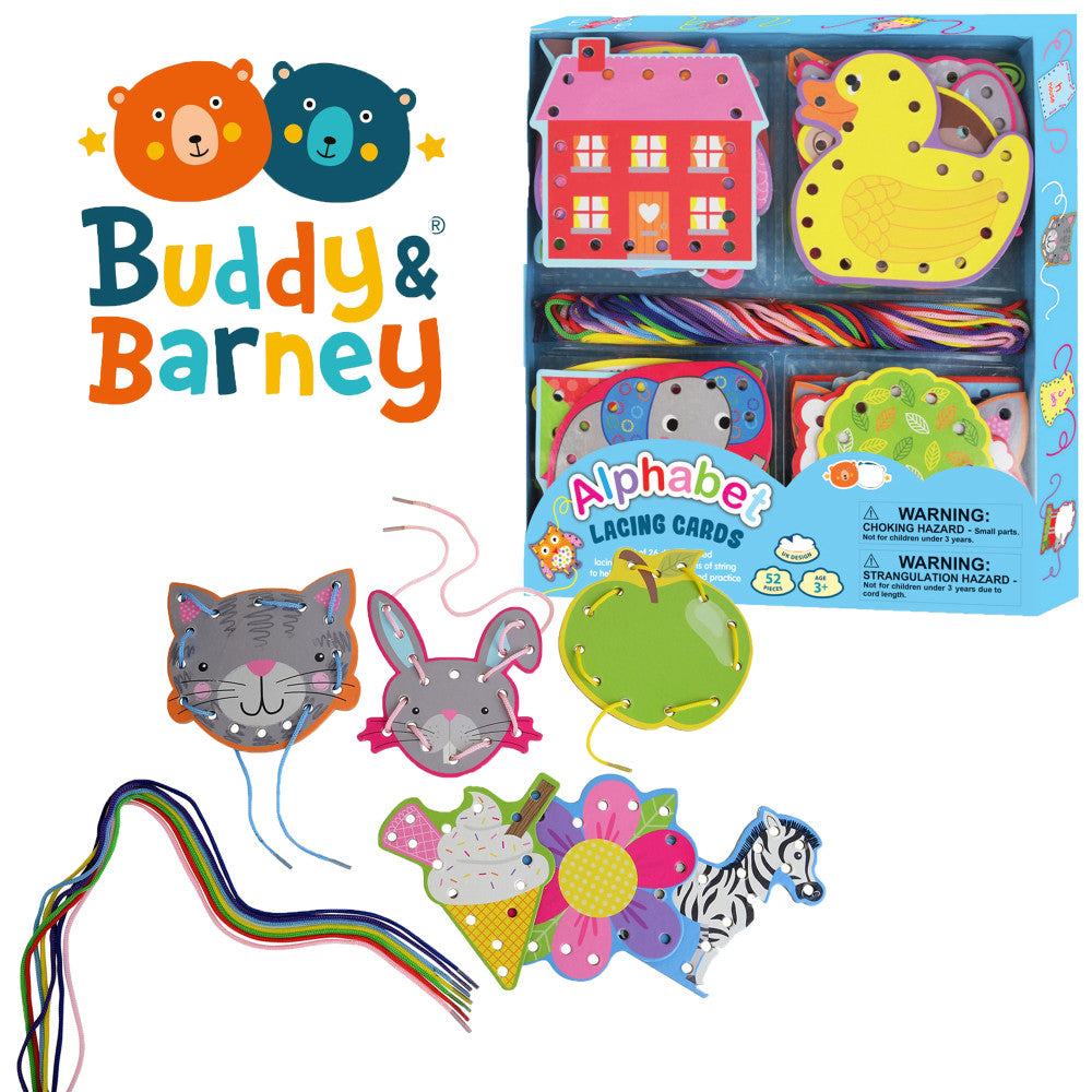 Buddy & Barney Alphabet Lacing Cards - 52pc Educational Threading Set for Kids - Perfect for Preschool Learning & Fine Motor Skills Development