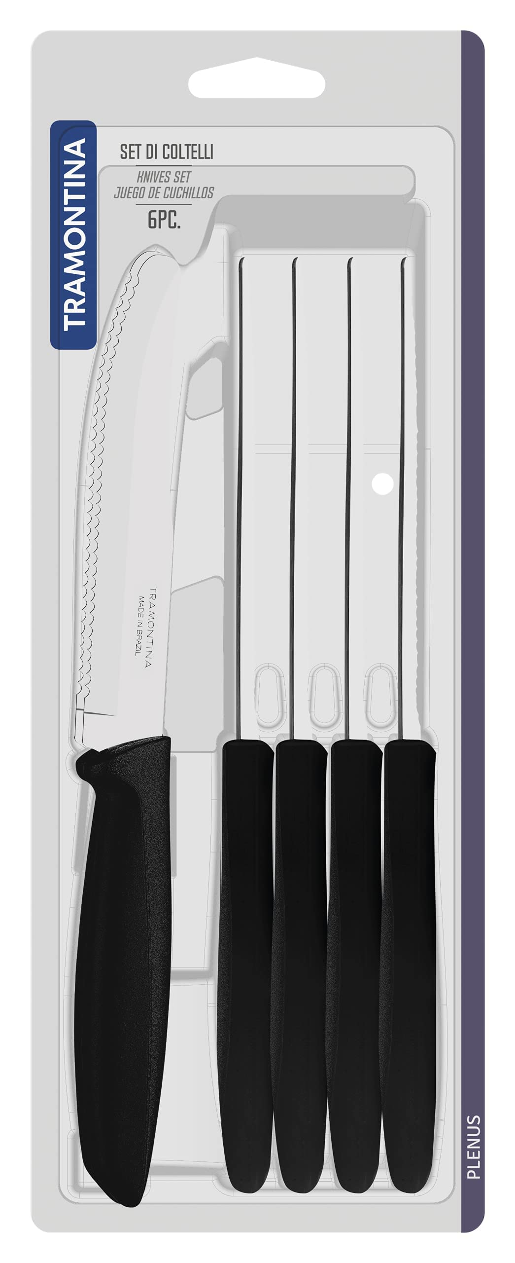 Tramontina 6-Piece Kitchen Knife Set - Stainless Steel Serrated Fruit & Tomato Knife, Vegetable Chopper & Peeler with Rounded Tip - Multipurpose Black Knives for Cooking, Slicing & Meal Prep (Model 23498055)