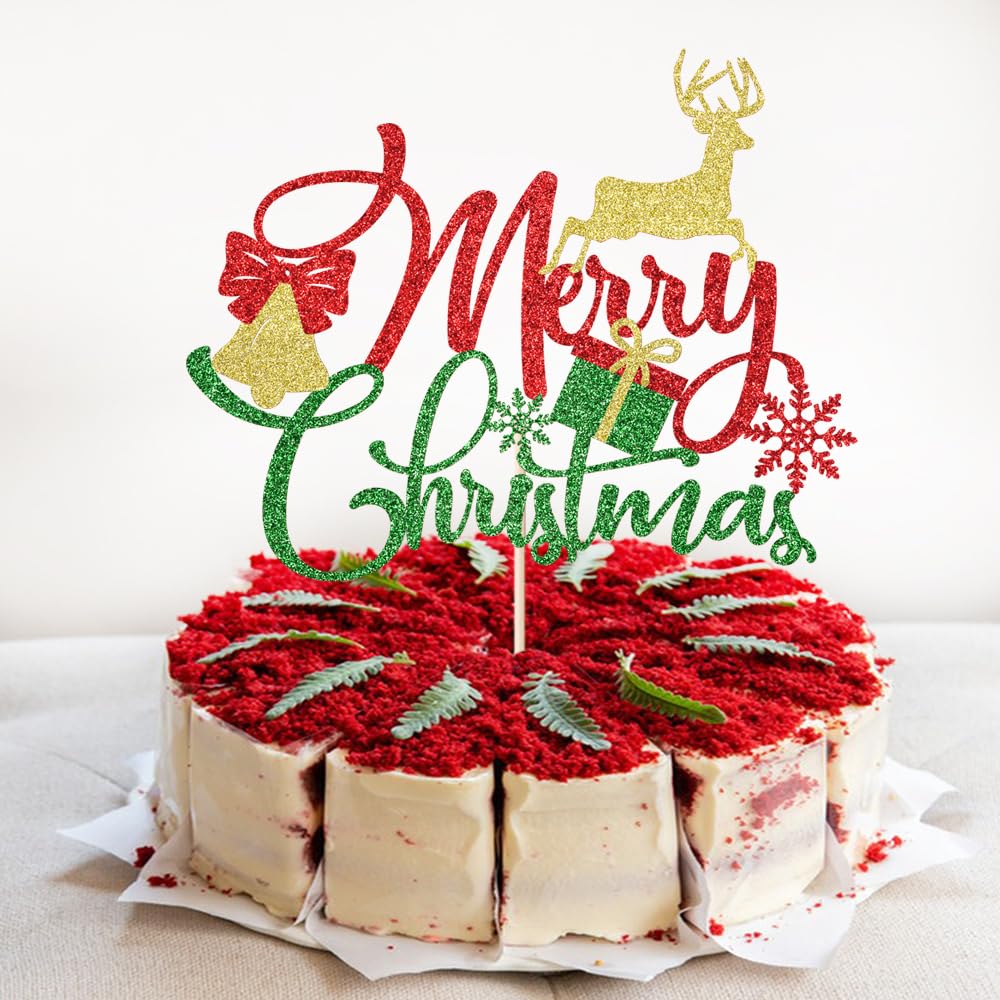 Festive Christmas Cake Topper - Red & Green Glitter Cake Decorations for Holiday, New Year & Birthday Parties | Perfect for Christmas Desserts, Cupcakes & Celebration Cakes