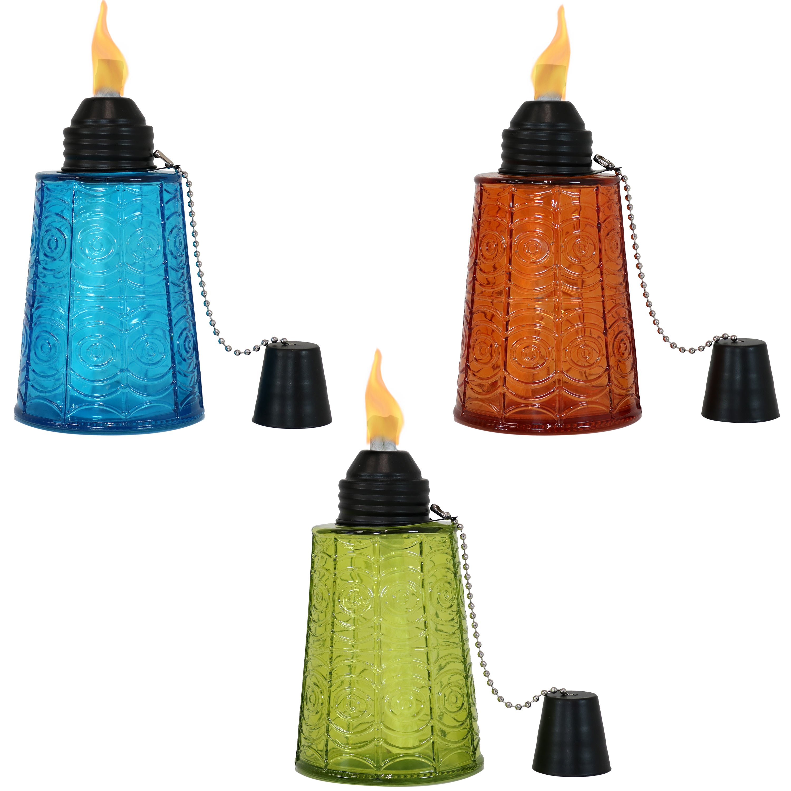 Sunnydaze Set of 3 Glass Tabletop Torches - 1 Blue, 1 Orange & 1 Green - Outdoor Patio Decor, Garden Party Lighting, Backyard Ambiance