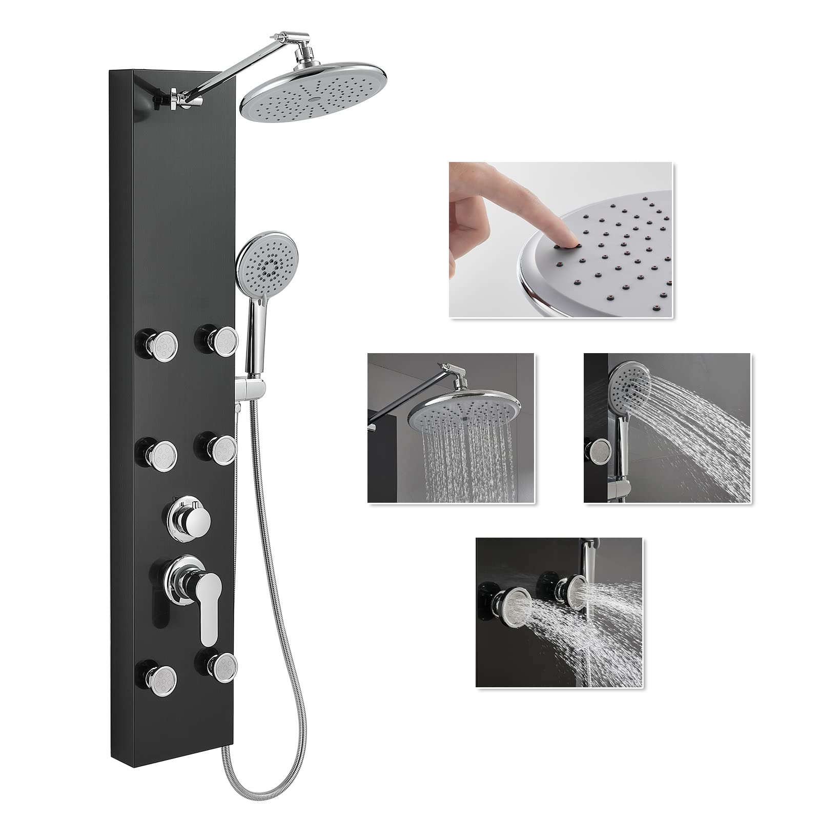 ROVATE 304 Stainless Steel Rainfall Shower Panel Tower System - Black Wall Mounted Shower Tower with Adjustable Rainfall Shower Head, 6 Body Massage Jets & 5-Function Handheld Shower - Perfect for Modern Bathroom, Spa-Like Shower Experience, and Luxury Home Renovation