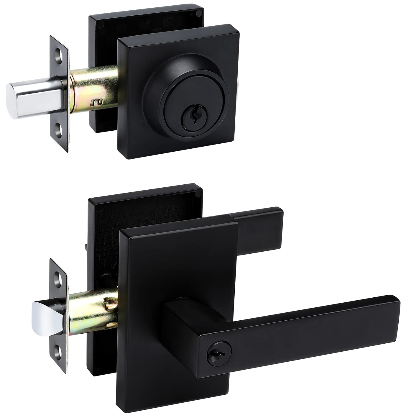 GoldenWarm Matte Black Square Door Handle with Deadbolt - Heavy Duty Zinc Alloy Exterior Entry Lock Set (1 Pack) - Perfect for Modern Homes, Apartments & Office Security
