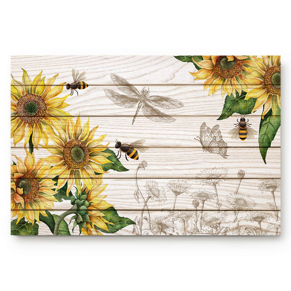 Possta Decor Sunflower and Bees Countryside Indoor Doormat - Non-Slip Water Absorbent Front Door Entrance Rug for Wood Floors - Perfect for Bedroom, Bathroom, Living Room & Farmhouse Decor