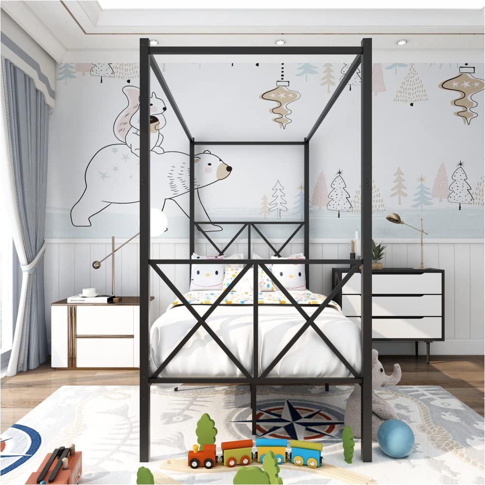 Metal Canopy Bed Frame with X-Shaped Design - Twin Size Platform Bed in Black - Perfect for Kids' Rooms, Guest Bedrooms & Small Spaces