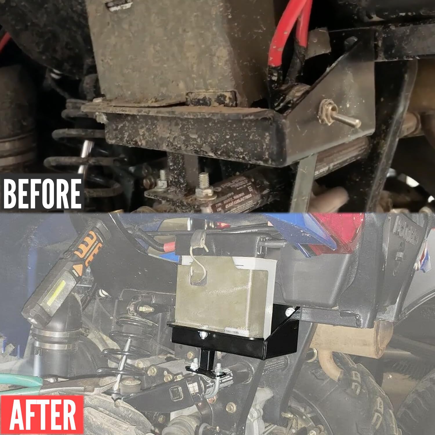 Canitu Black Battery Relocate Kit - Aluminum Battery Tray with Wires, Replacement Battery Box & Remote Terminals for Polaris Sportsman 450/570 (2014-2021) | Off-Road ATV & UTV Accessories for Enhanced Performance